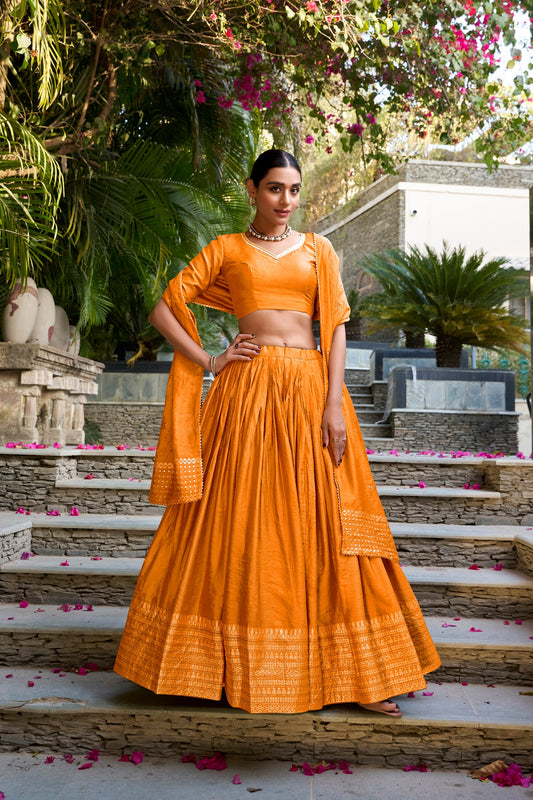 Pure Chanderi Plain With Zari Weaving Work Border Lehenga