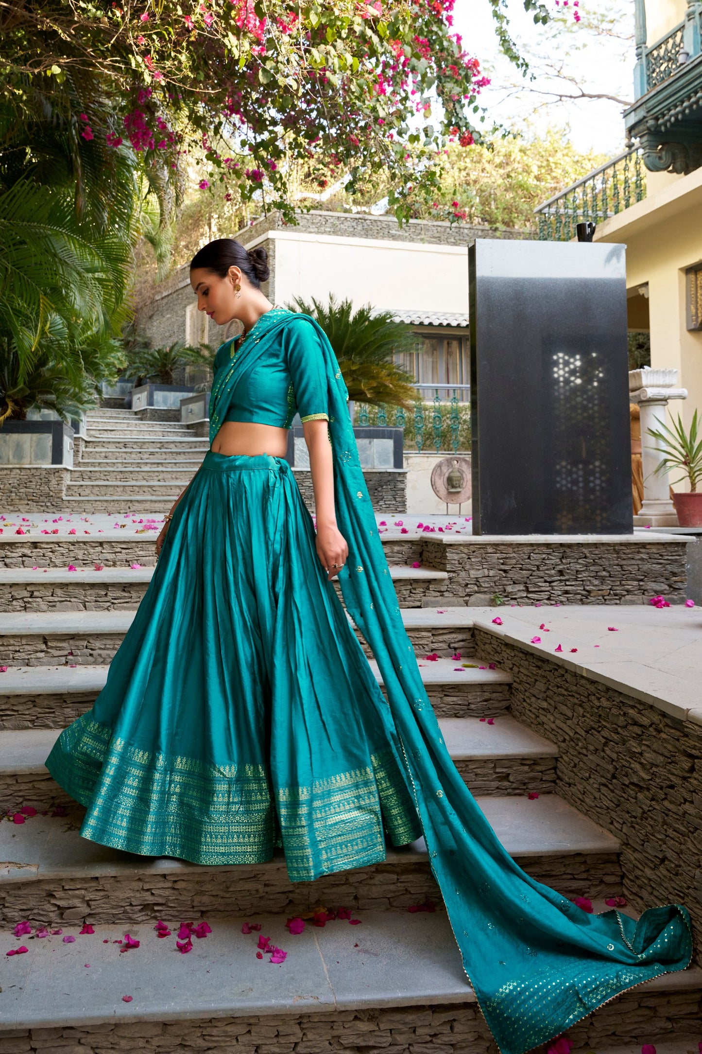 Pure Chanderi Plain With Zari Weaving Work Border Lehenga