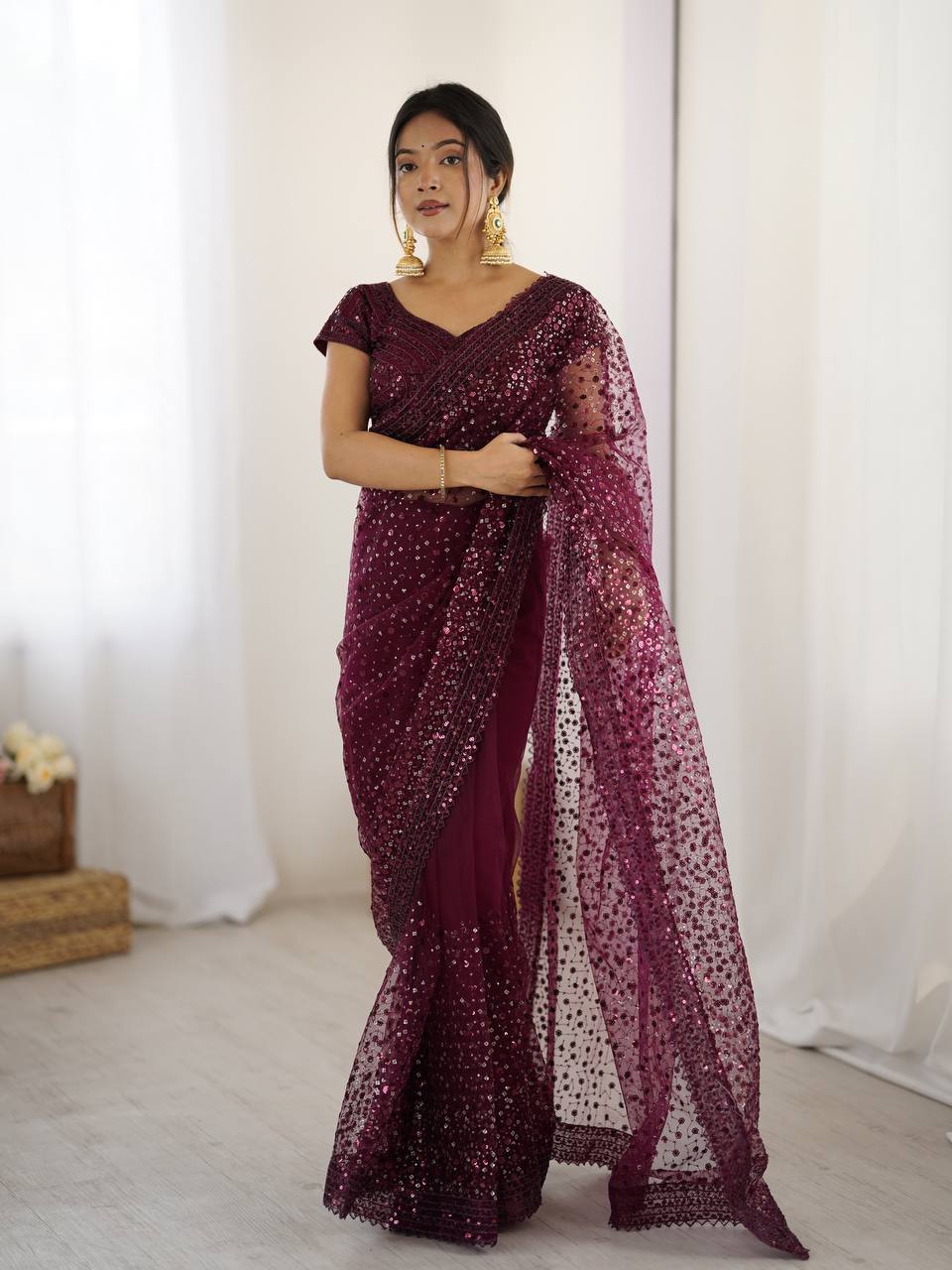 Net saree with sequins & dori work saree
