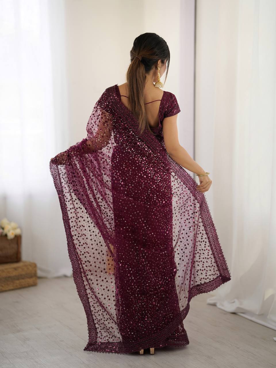 Net saree with sequins & dori work saree