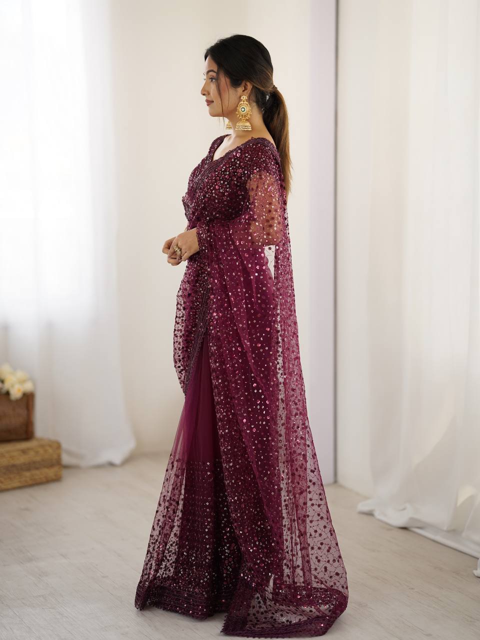 Net saree with sequins & dori work saree