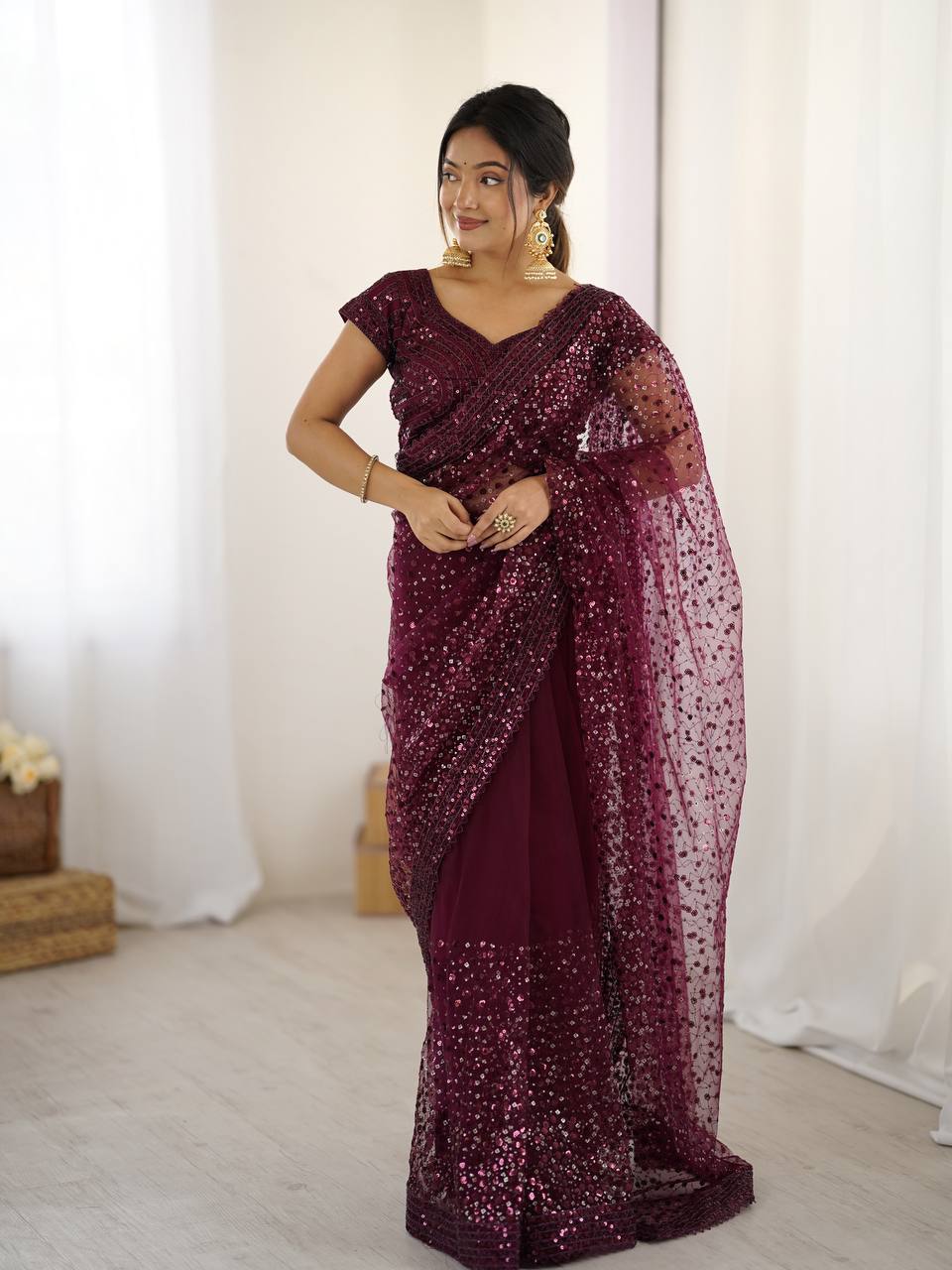Net saree with sequins & dori work saree