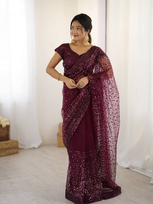 Net saree with sequins & dori work saree