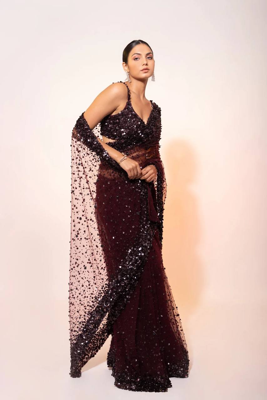 Net saree with hologram sequin & thread work
