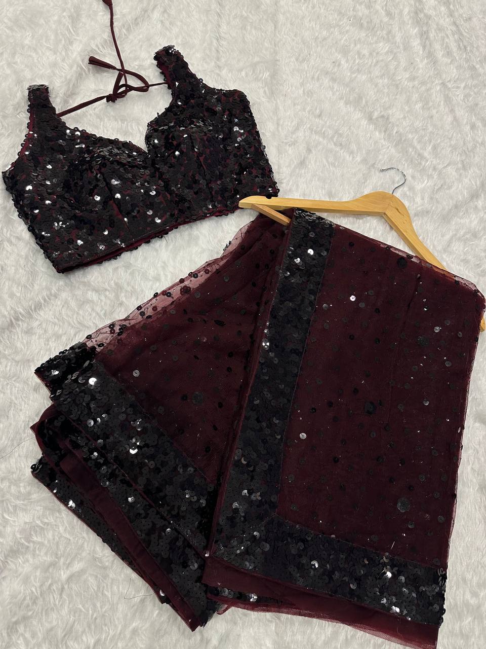 Net saree with hologram sequin & thread work