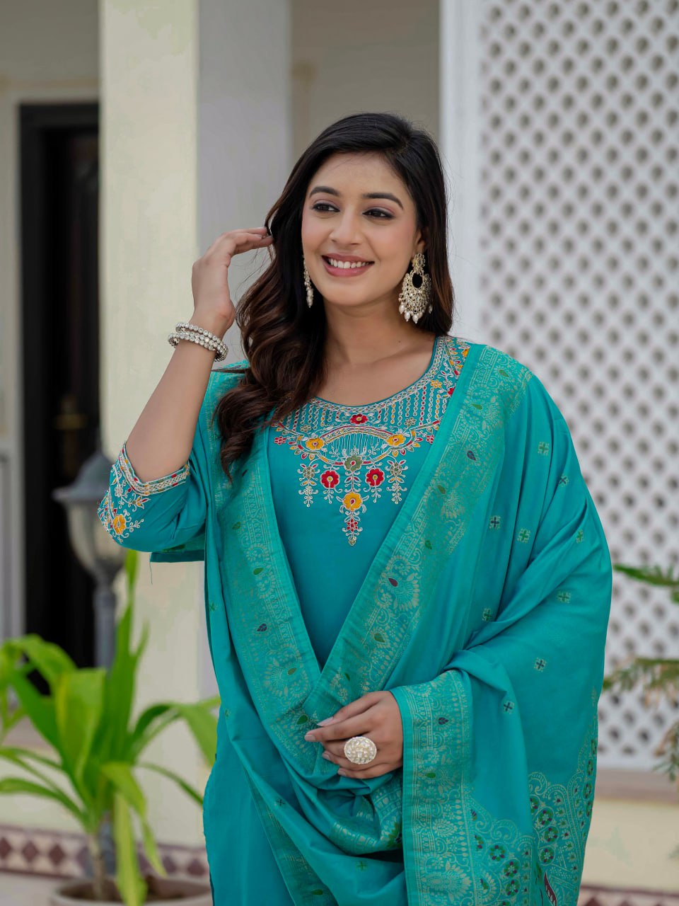 Premium Roman Silk Coding Embroidery With Sequins Work Suit