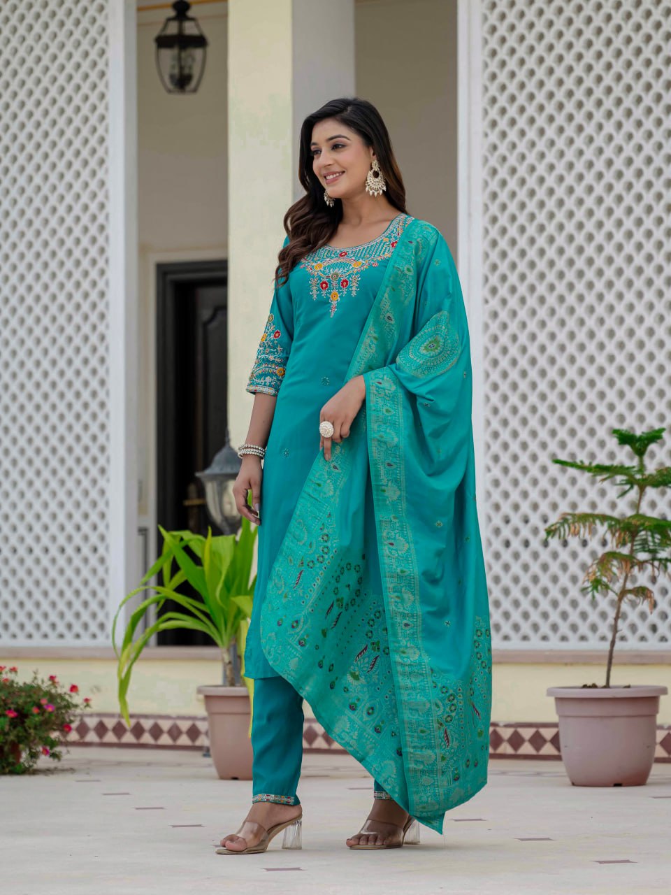 Premium Roman Silk Coding Embroidery With Sequins Work Suit