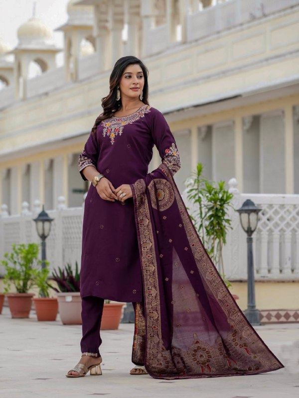 Premium Roman Silk Coding Embroidery With Sequins Work Suit