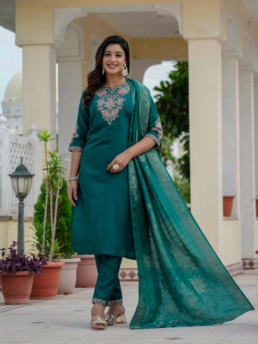 Premium Roman Silk Coding Embroidery With Sequins Work Suit