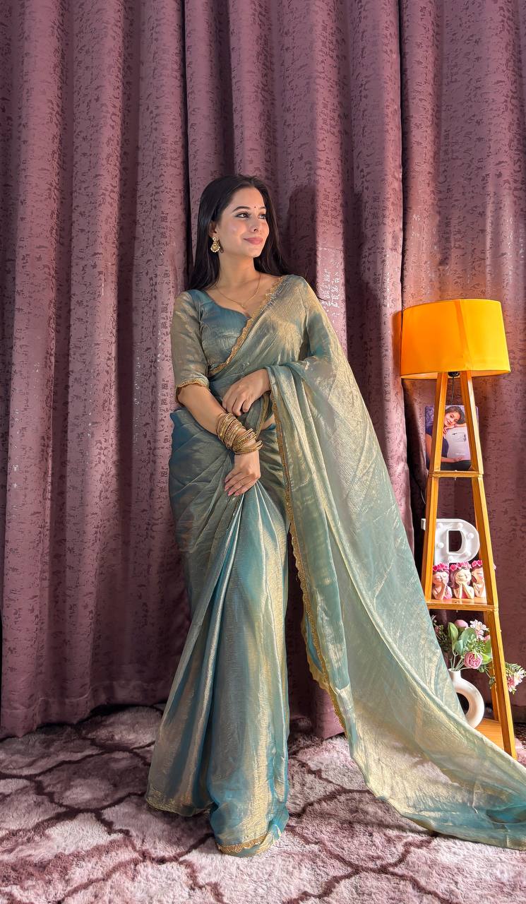 Premium soft fendi silk two tone saree with beads hand Pipe Work