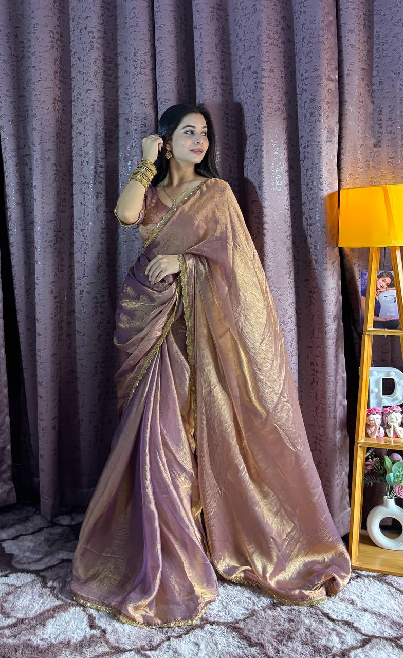 Premium soft fendi silk two tone saree with beads hand Pipe Work