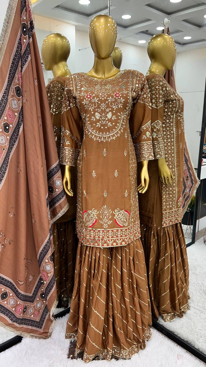 New Designer Party Wear Look Top-Plazzo and Dupatta With Heavy Embroidery Work