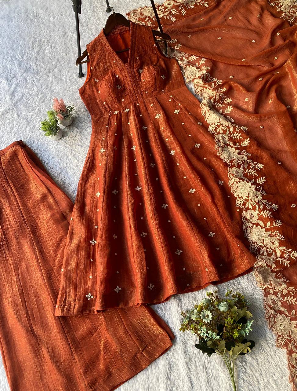 EXCLUSIVE 3 PIECE KURTI FLARED PLAZZO WITH DUPATTA IN EMBROIDERY WORK
