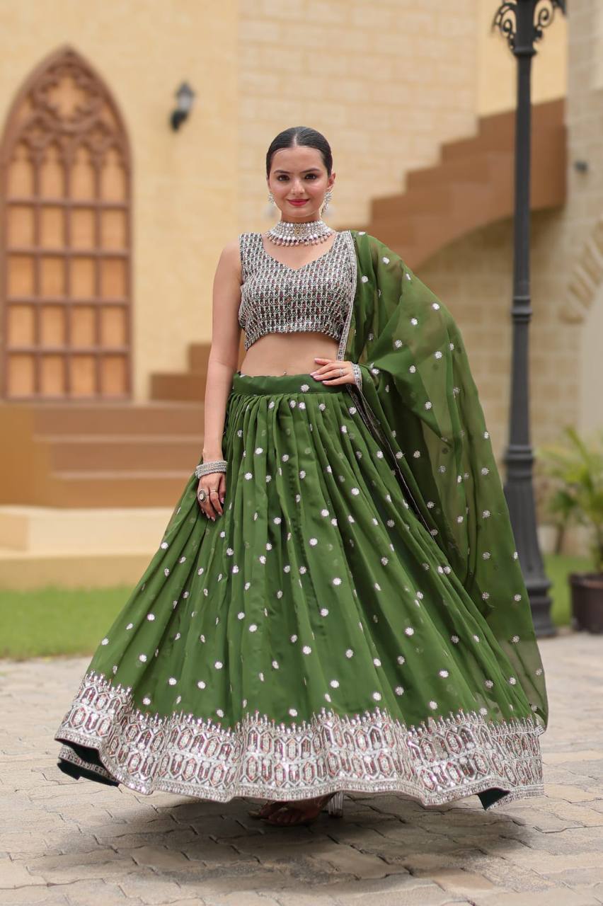 Heavy Thread With Sequence Embroidery Stich Work Lehenga Choli