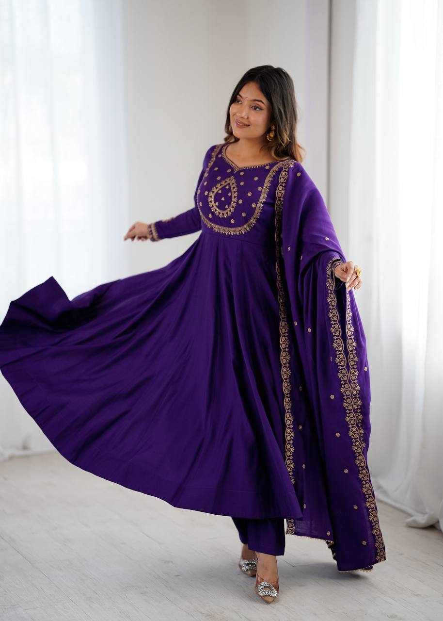 PRESENTING NEW HIGH PREMIUM QUALITY PURE ROMAN CHANDERI SILK FABRIC ANARKALI