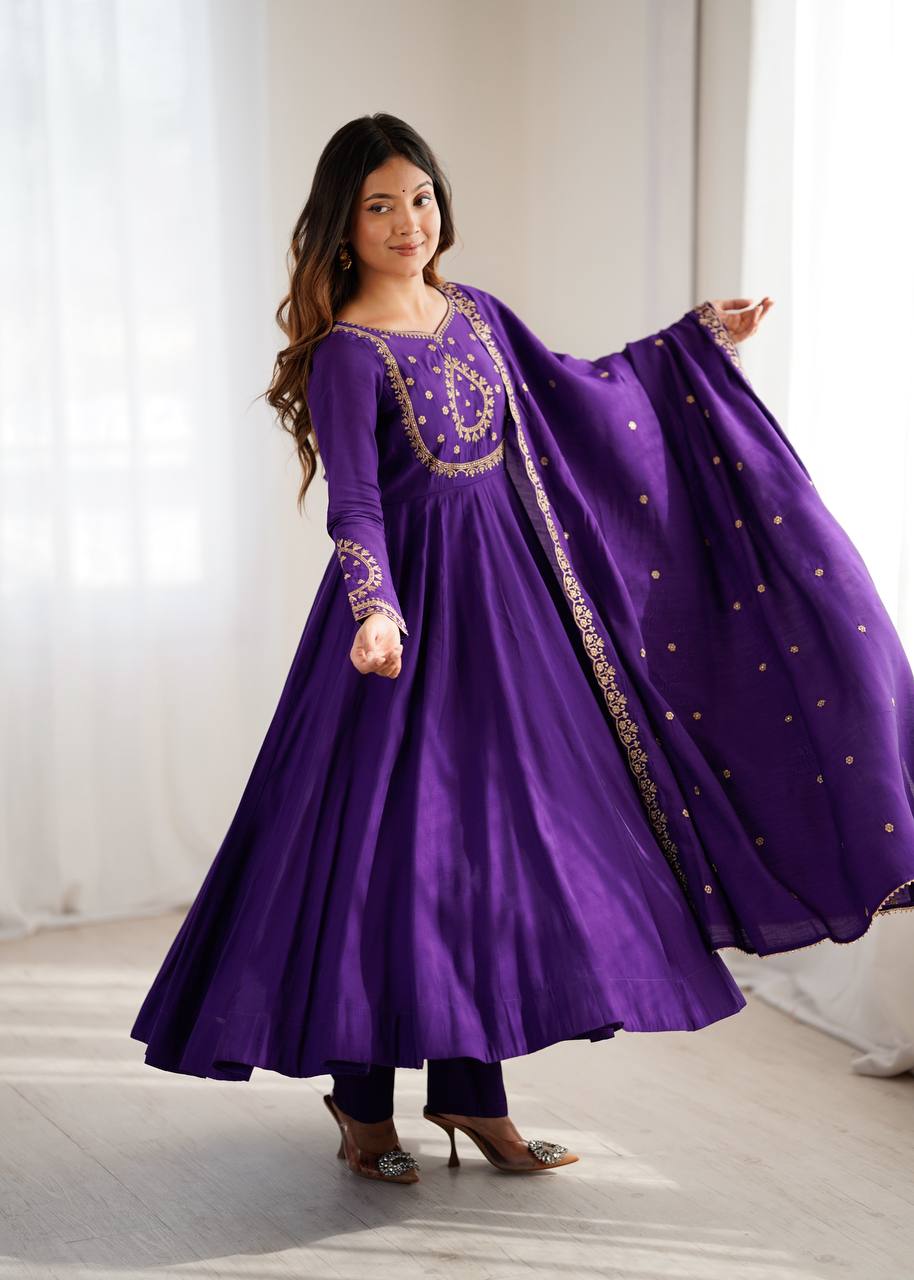 PRESENTING NEW HIGH PREMIUM QUALITY PURE ROMAN CHANDERI SILK FABRIC ANARKALI