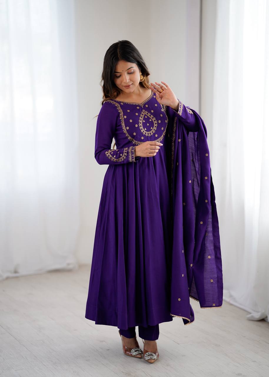 PRESENTING NEW HIGH PREMIUM QUALITY PURE ROMAN CHANDERI SILK FABRIC ANARKALI