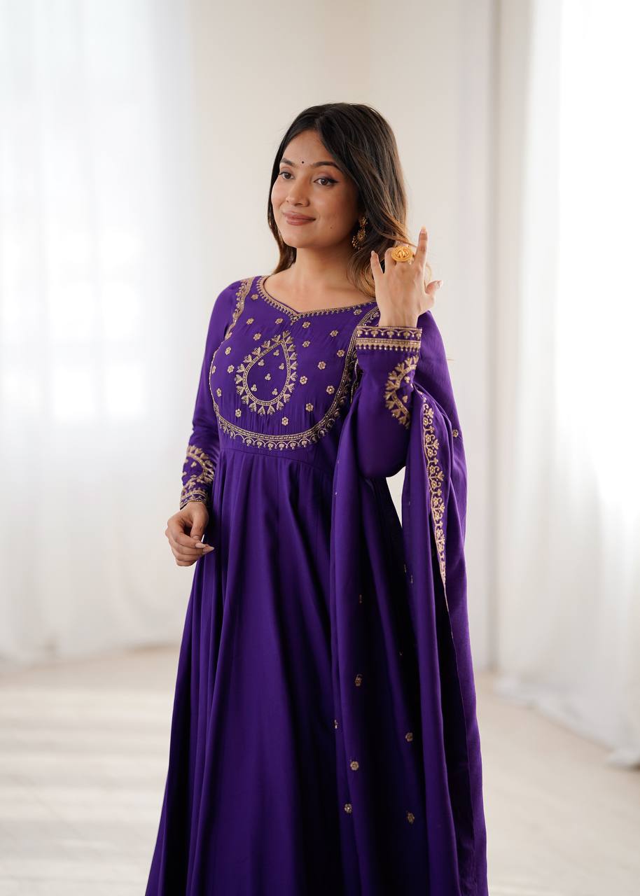PRESENTING NEW HIGH PREMIUM QUALITY PURE ROMAN CHANDERI SILK FABRIC ANARKALI