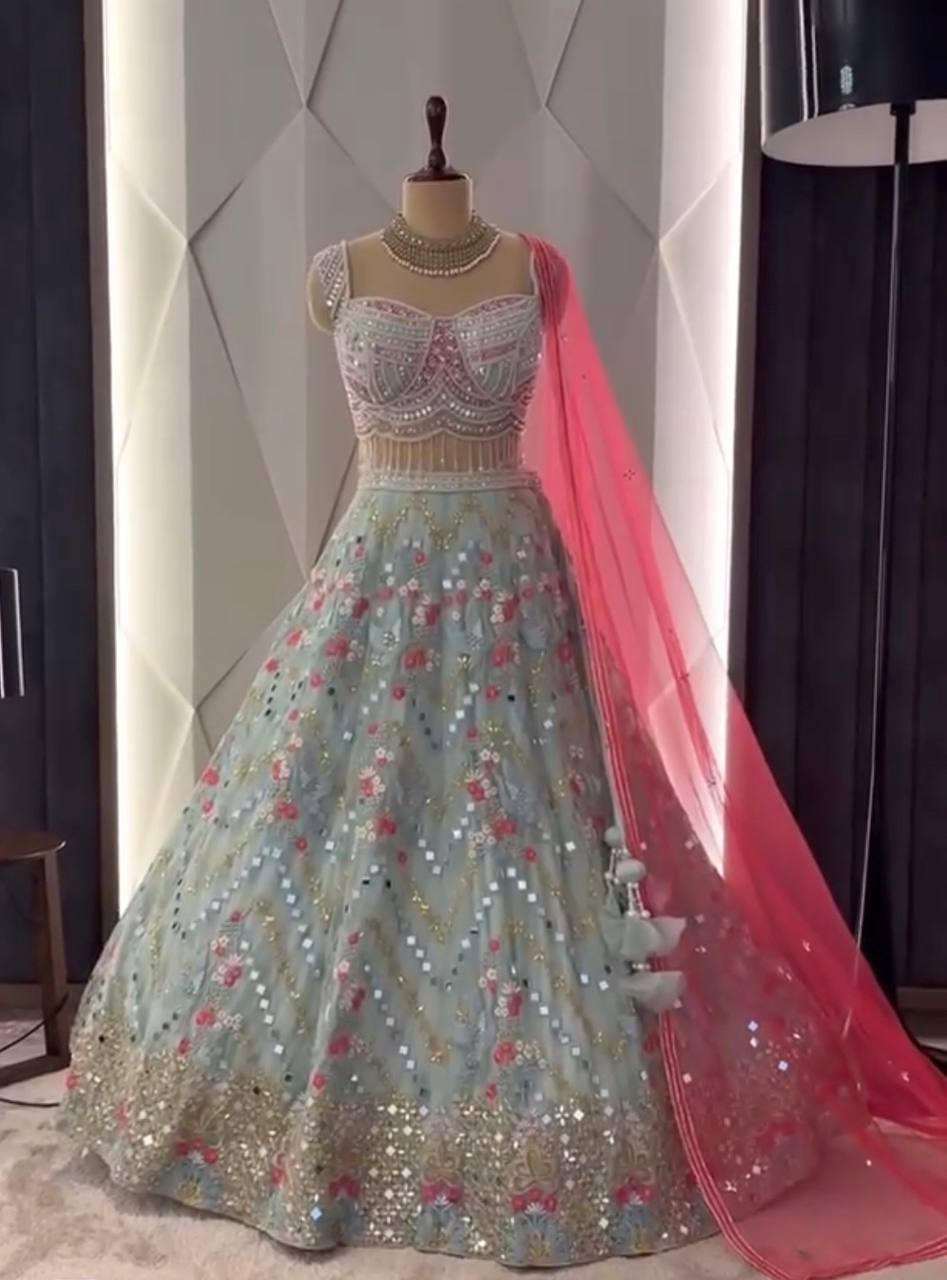 Launching Embroidery Sequins Work 4 meter flared Faux Georgette Real Mirror Work Lehenga