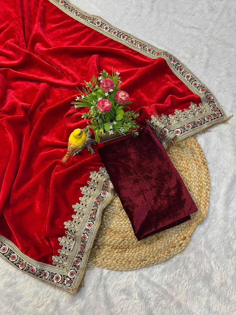 9000 Velvet Beautiful Embroidered Lavender Border Saree