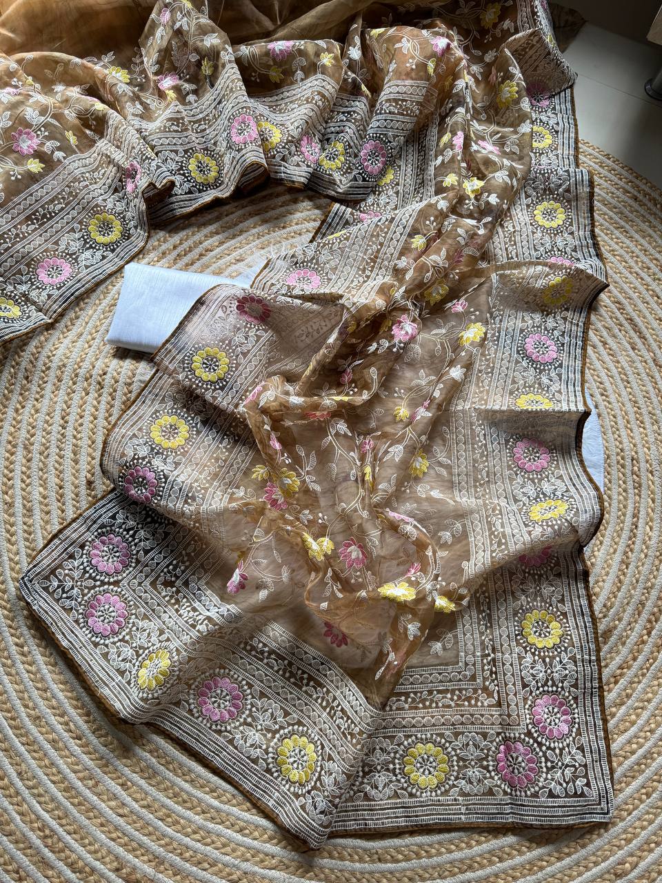 Organza printed Saree With Kashmiri Thread Work Saree