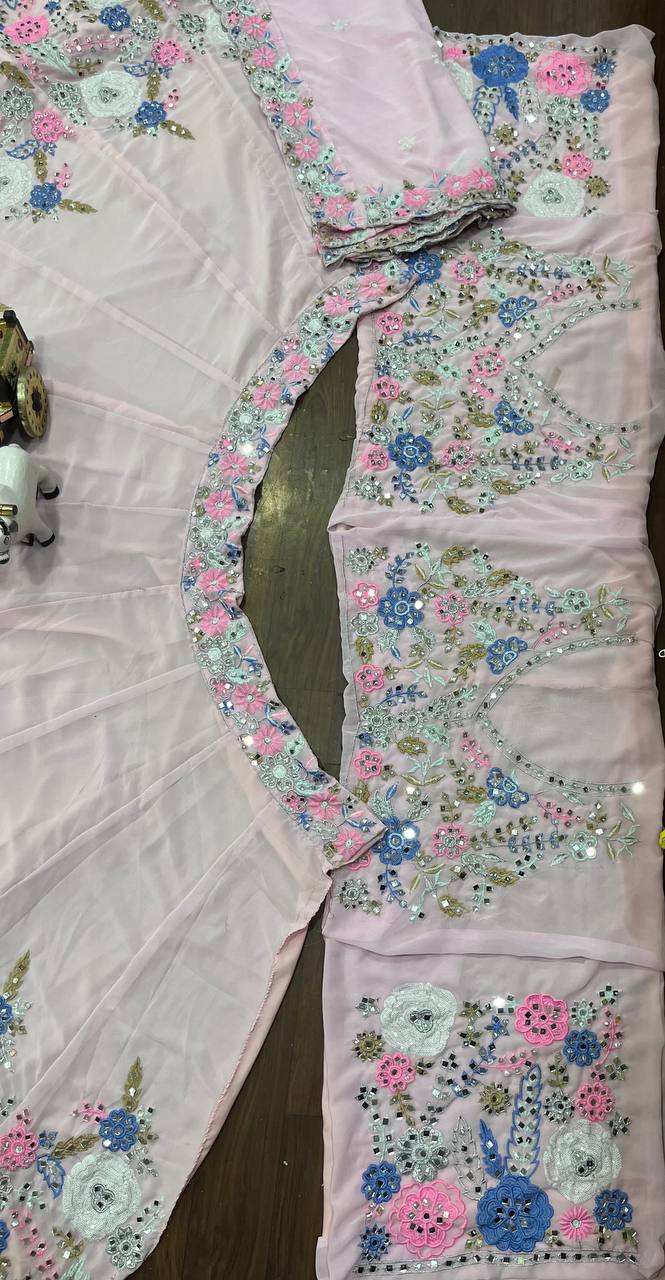Launching 4 meter flared Fox Georgette Real Mirror Sequins Embroidered Work Lehenga