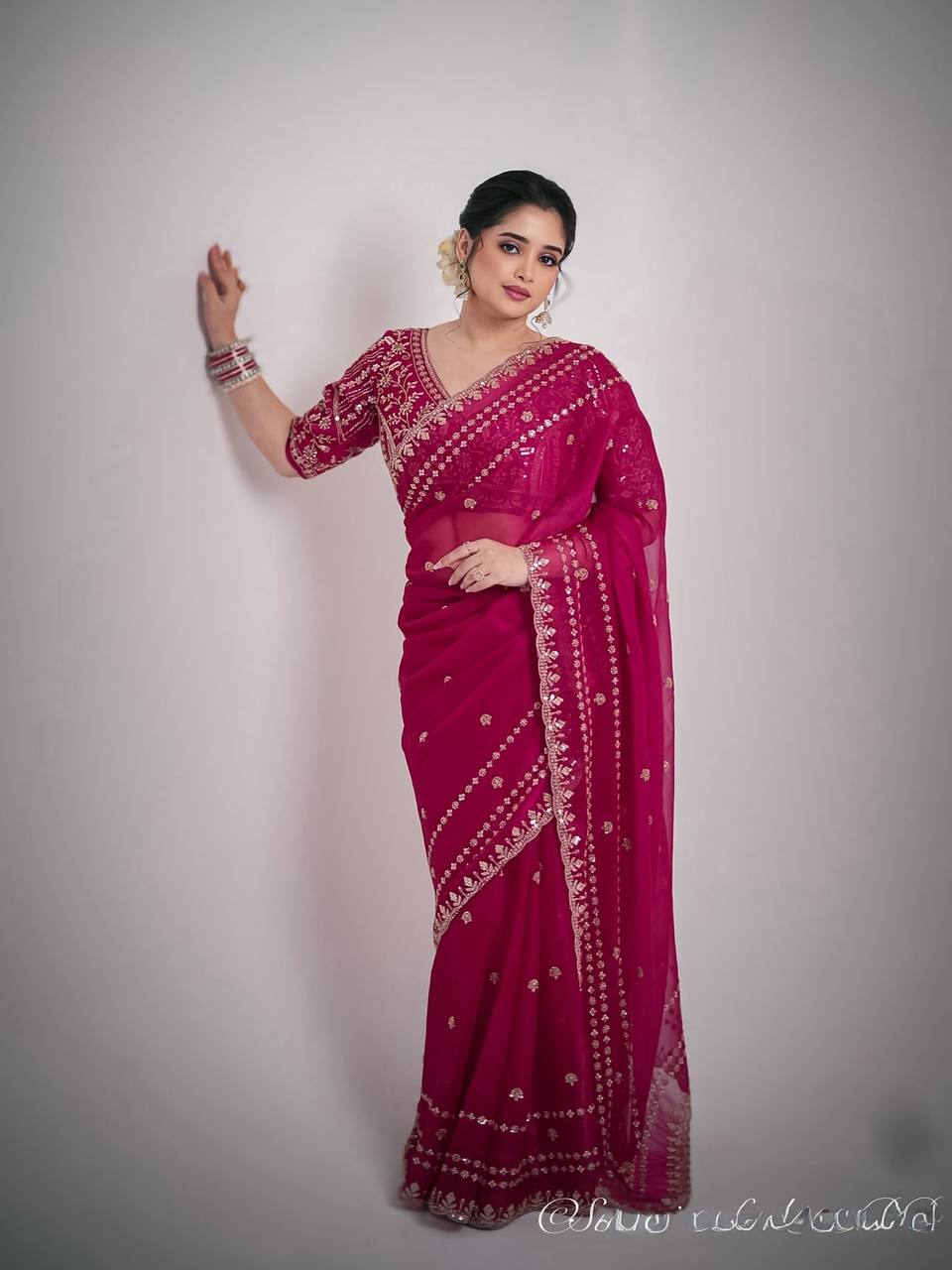 Soft Space Silk Sequance and Zari Embroidery Work Saree