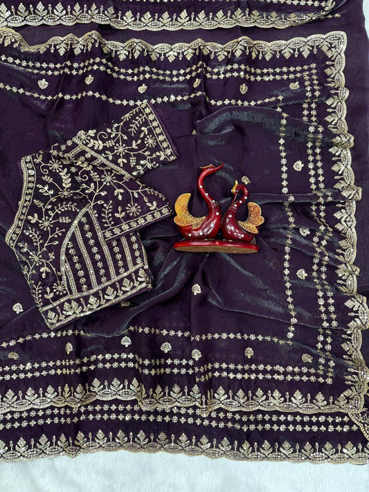 Soft Space Silk Sequance and Zari Embroidery Work Saree