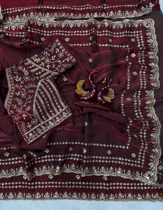 Soft Space Silk Sequance and Zari Embroidery Work Saree