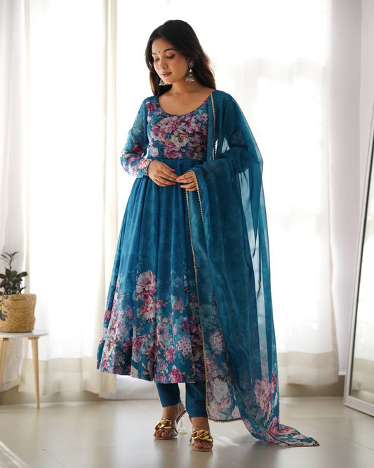 PURE SOFT ORGANJA SILK FABRIC FULLY FLAIR KALI PATTERN AND CANVAS PATTA GOWN