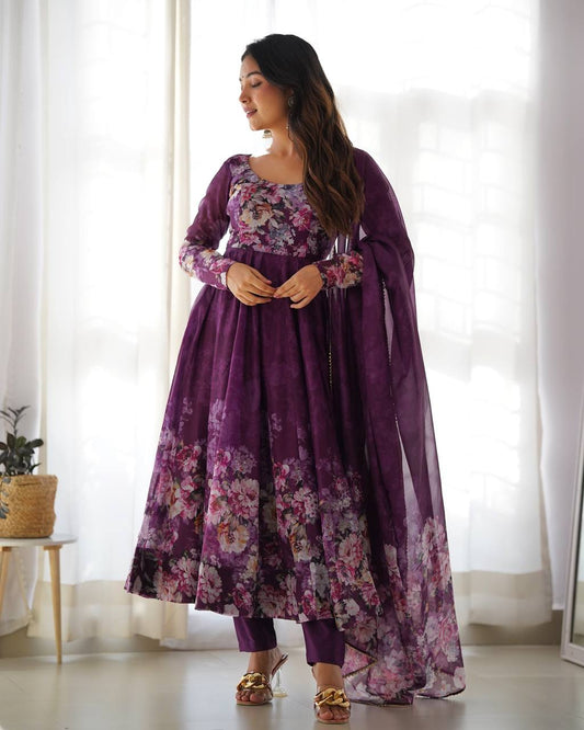 PURE SOFT ORGANJA SILK FABRIC FULLY FLAIR KALI PATTERN AND CANVAS PATTA GOWN
