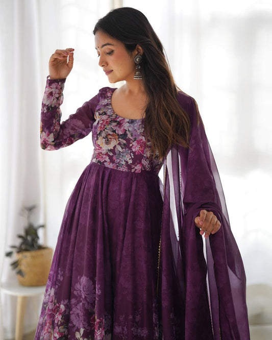 PURE SOFT ORGANJA SILK FABRIC FULLY FLAIR KALI PATTERN AND CANVAS PATTA GOWN