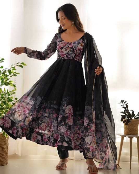 PURE SOFT ORGANJA SILK FABRIC FULLY FLAIR KALI PATTERN AND CANVAS PATTA GOWN