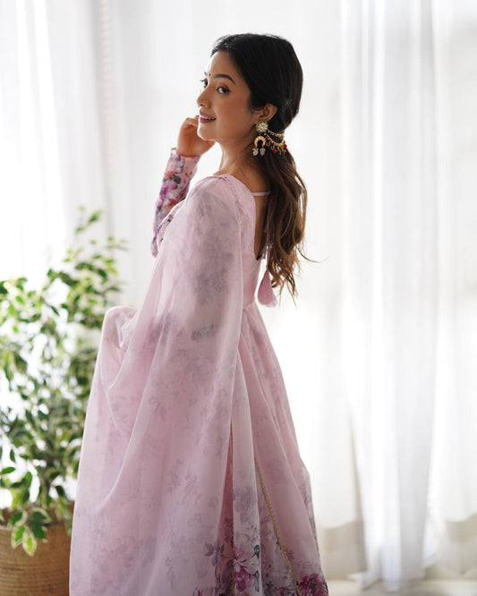PURE SOFT ORGANJA SILK FABRIC FULLY FLAIR KALI PATTERN AND CANVAS PATTA GOWN