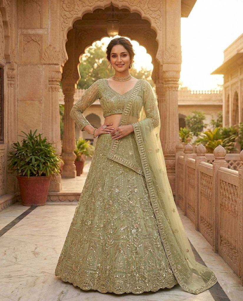 Einführung eines 4 Meter ausgestellten Coding Sequins Work Lehenga