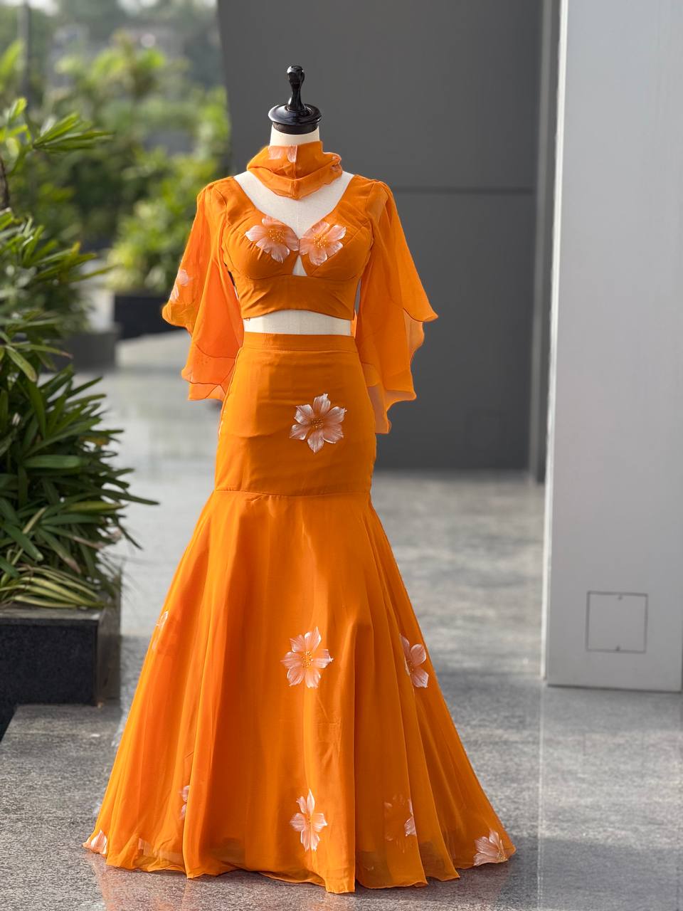 Georgette Handpaint work fishcut lehnga