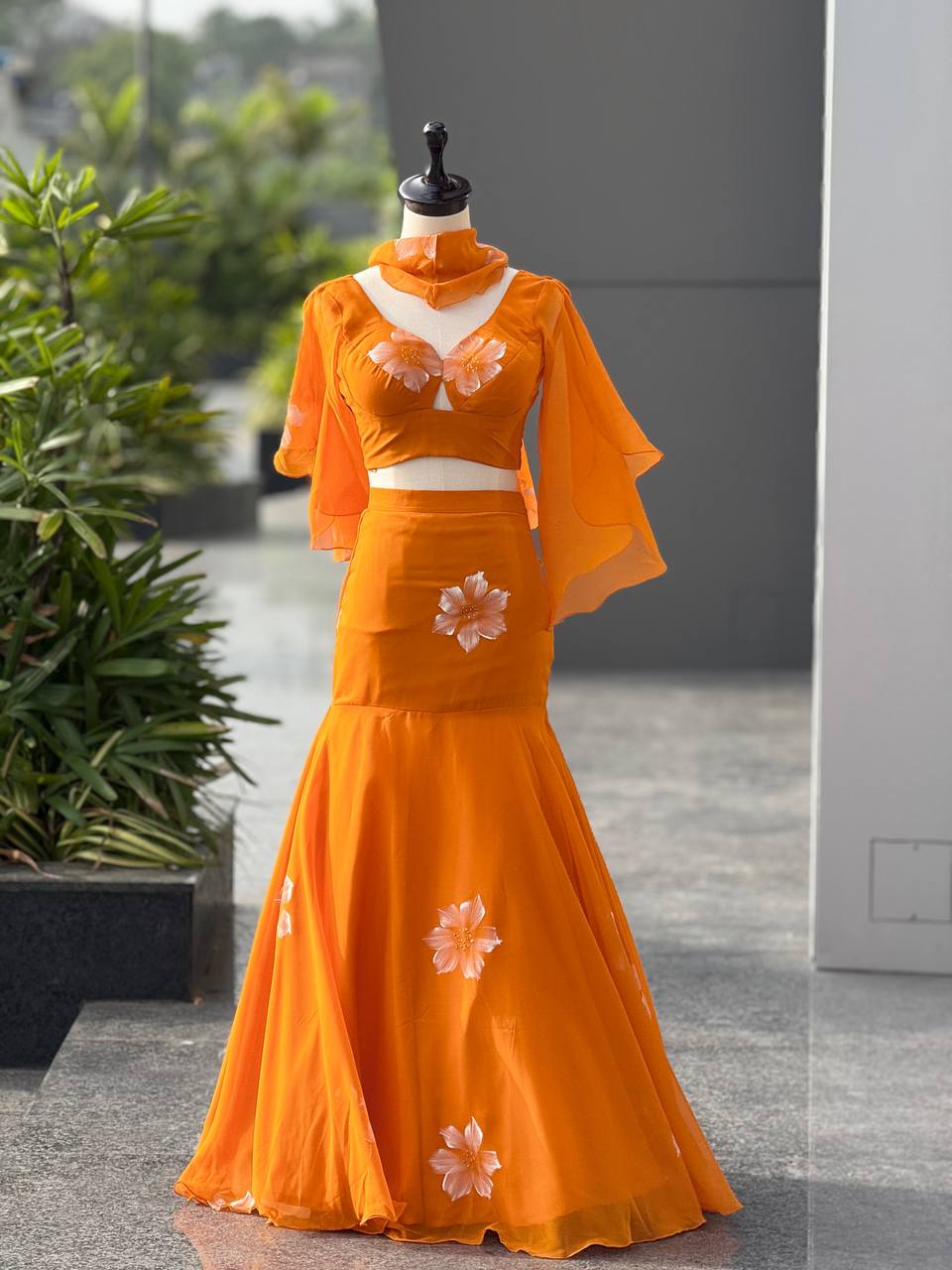 Georgette Handpaint work fishcut lehnga