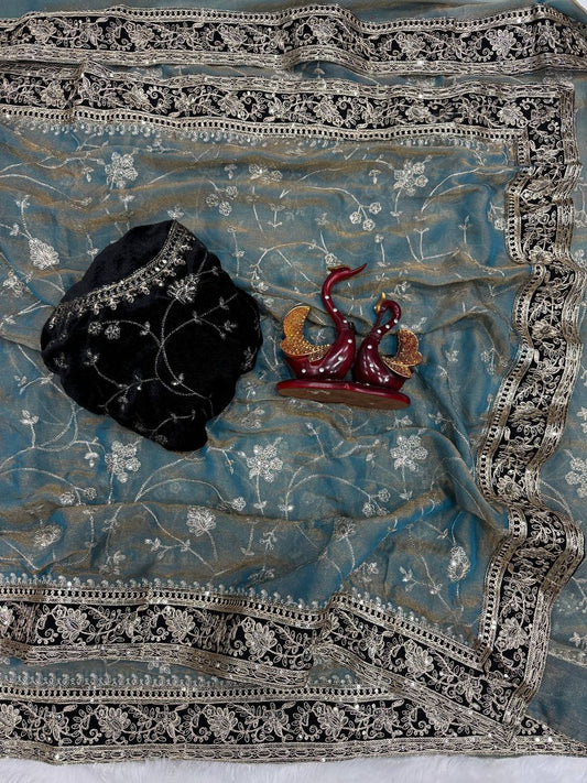 Moss silk Beautiful Sequence and Zari work Embroidery with velvet lace border saree