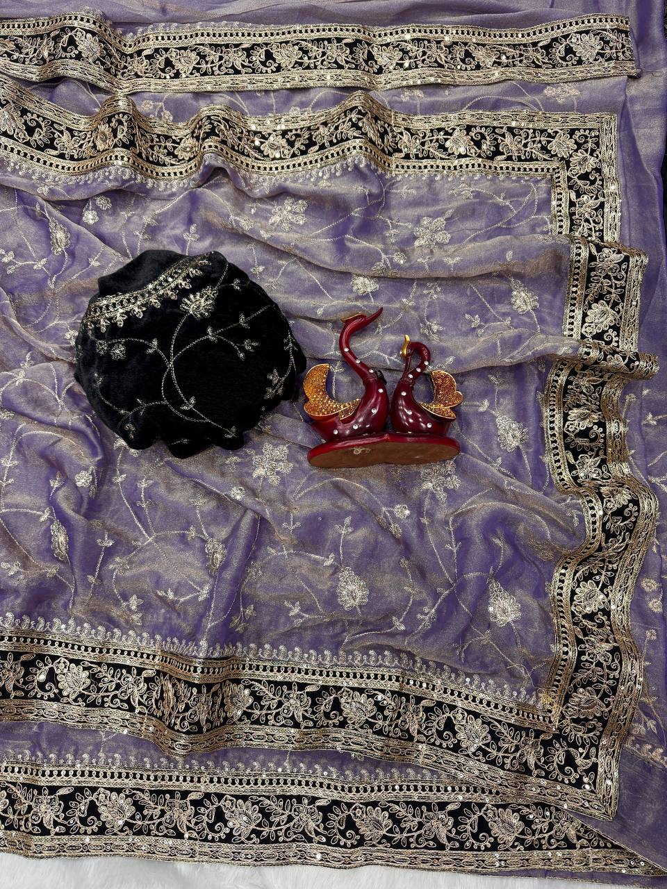 Moss silk Beautiful Sequence and Zari work Embroidery with velvet lace border saree