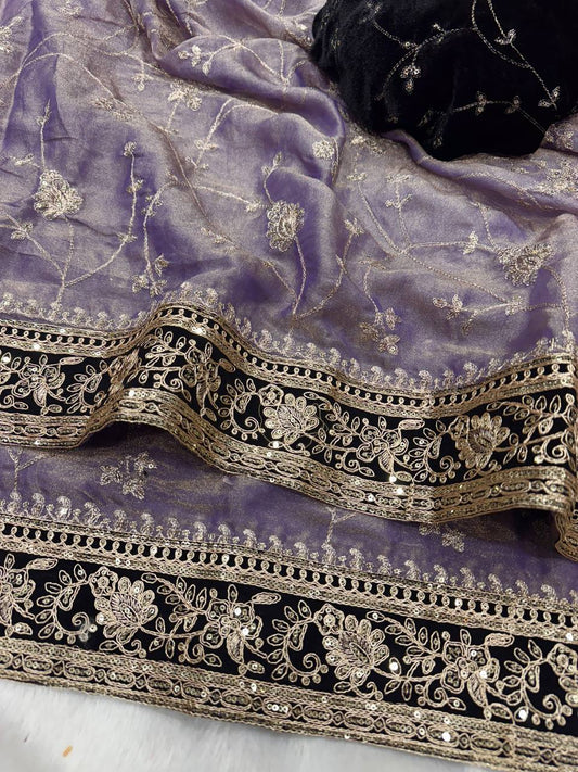Moss silk Beautiful Sequence and Zari work Embroidery with velvet lace border saree