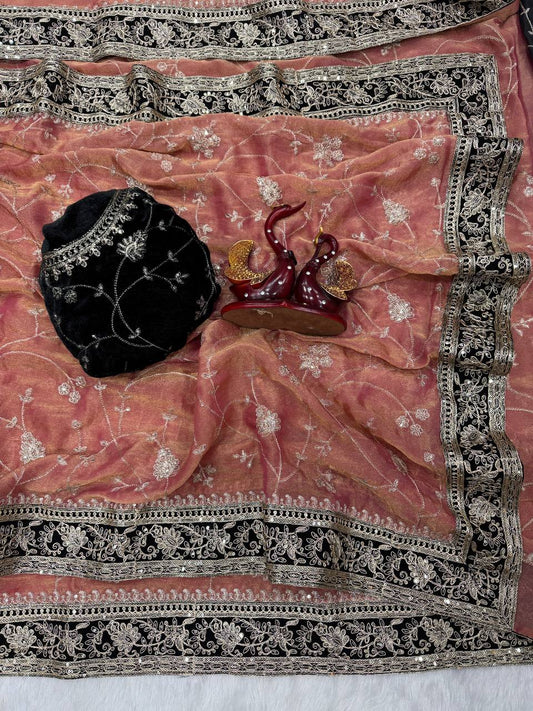 Moss silk Beautiful Sequence and Zari work Embroidery with velvet lace border saree