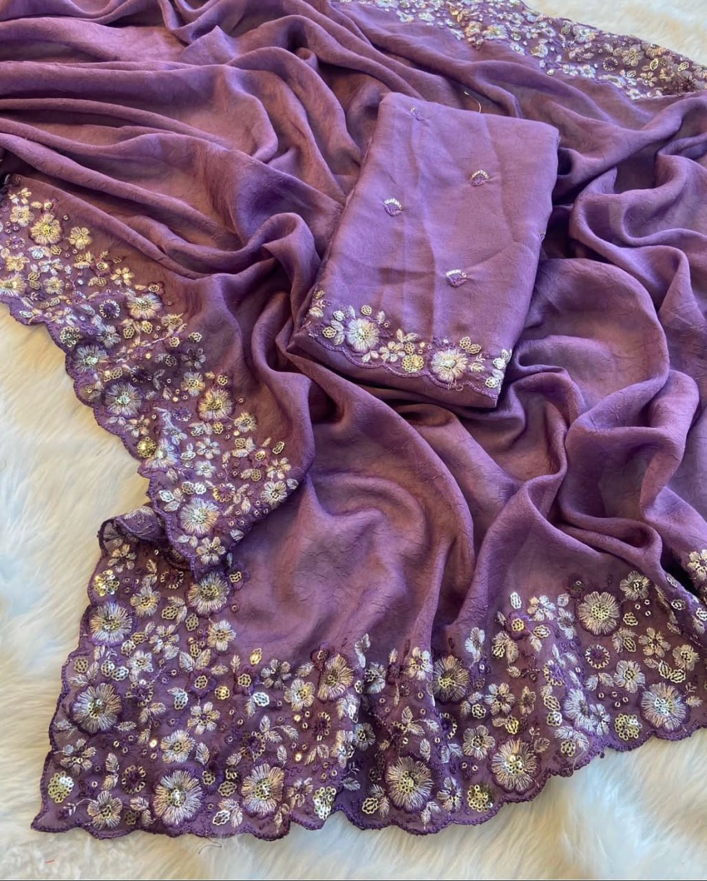 Crush Silk Saree With Fancy Sequince Embroderiy Work Choli