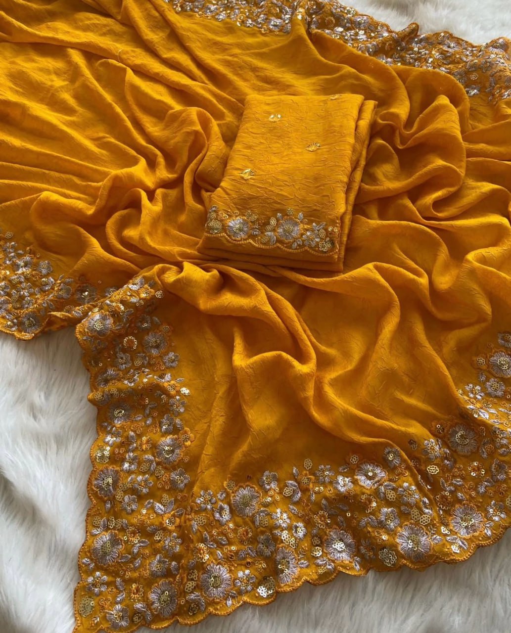 Crush Silk Saree With Fancy Sequince Embroderiy Work Choli