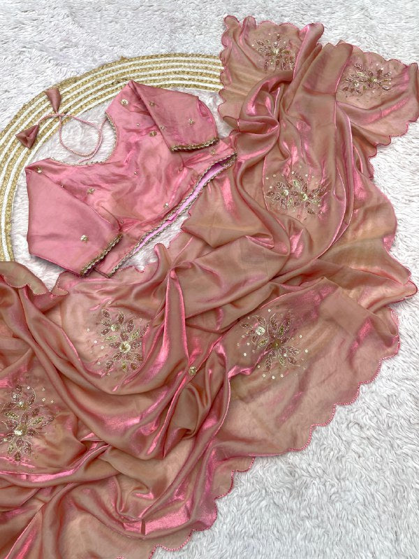 Soft Fandy sattin Cover With Beautiful khatli cut Dena Handwork along saree