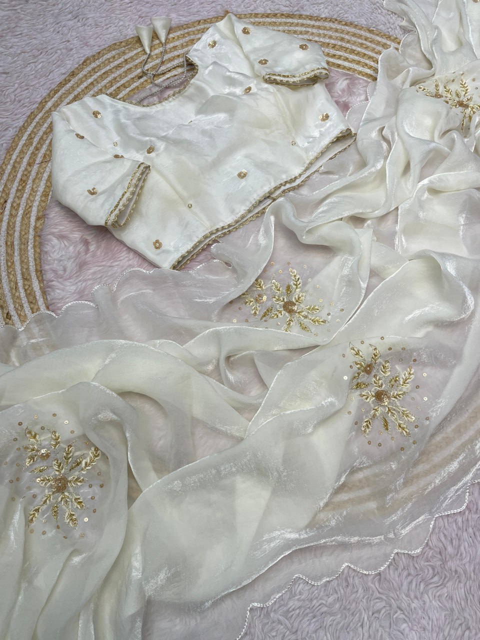 Soft Fandy sattin Cover With Beautiful khatli cut Dena Handwork along saree