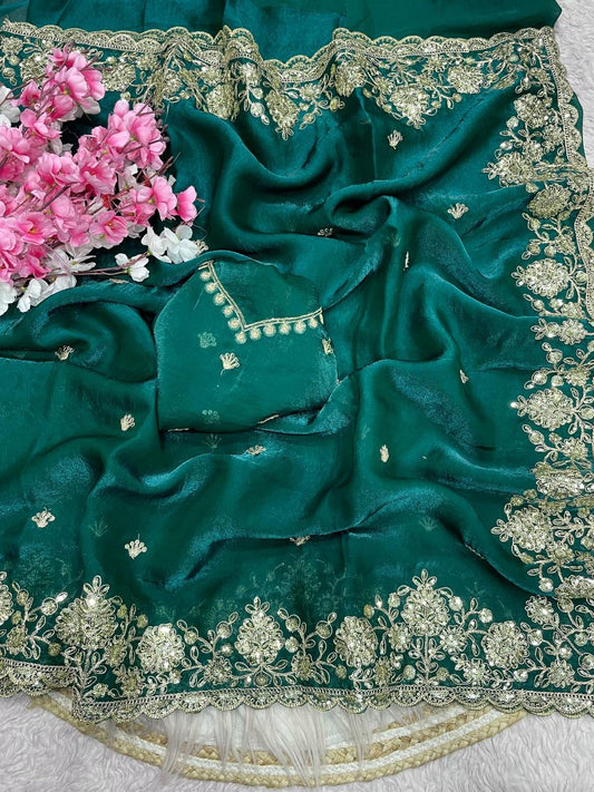 Fendy Sattin With Coding sequence embroidery blouse Saree