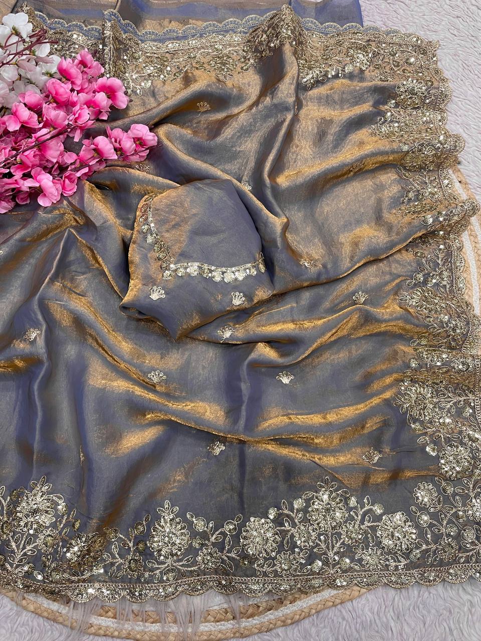 Fendy Sattin With Coding sequence embroidery blouse Saree