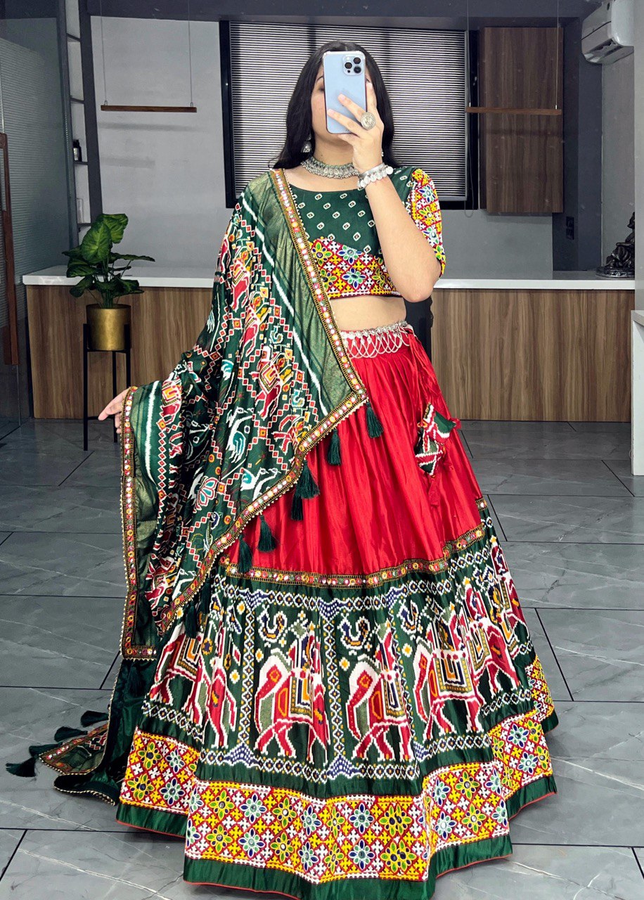 Dola Silk Patola and paithni Print with Mirror Work Lehenga