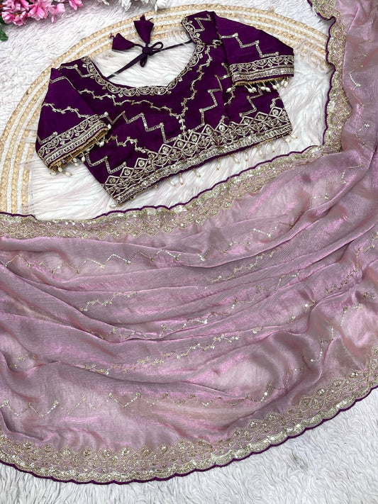 Fendy Chiffon two ton fully stitched Coding sequence embroidery blouse saree