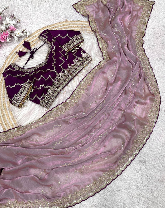 Fendy Chiffon two ton fully stitched Coding sequence embroidery blouse saree